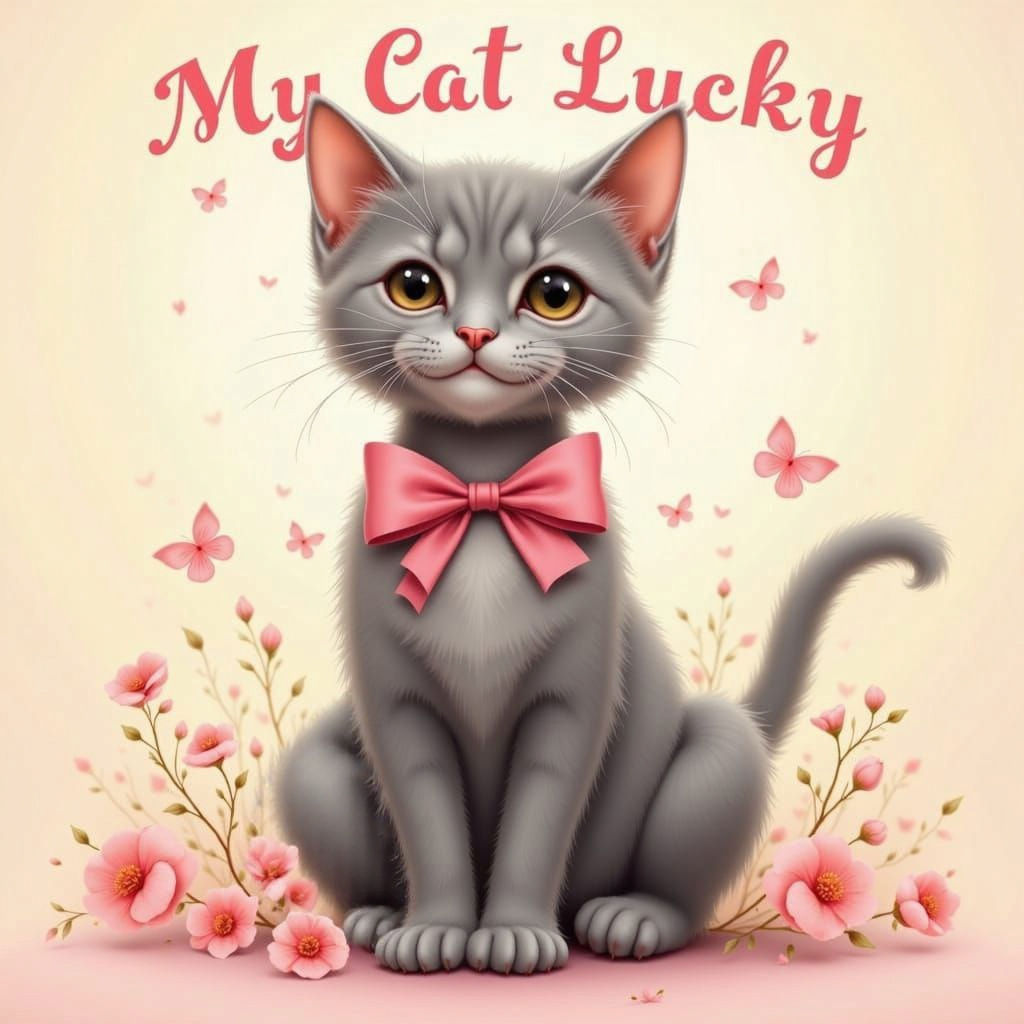 the words "My Cat Lucky" over an image of a slightly tabby patterned gray female cat with a pretty pink bow <lora:Words:1.0> <lora:Lucky:1.0...