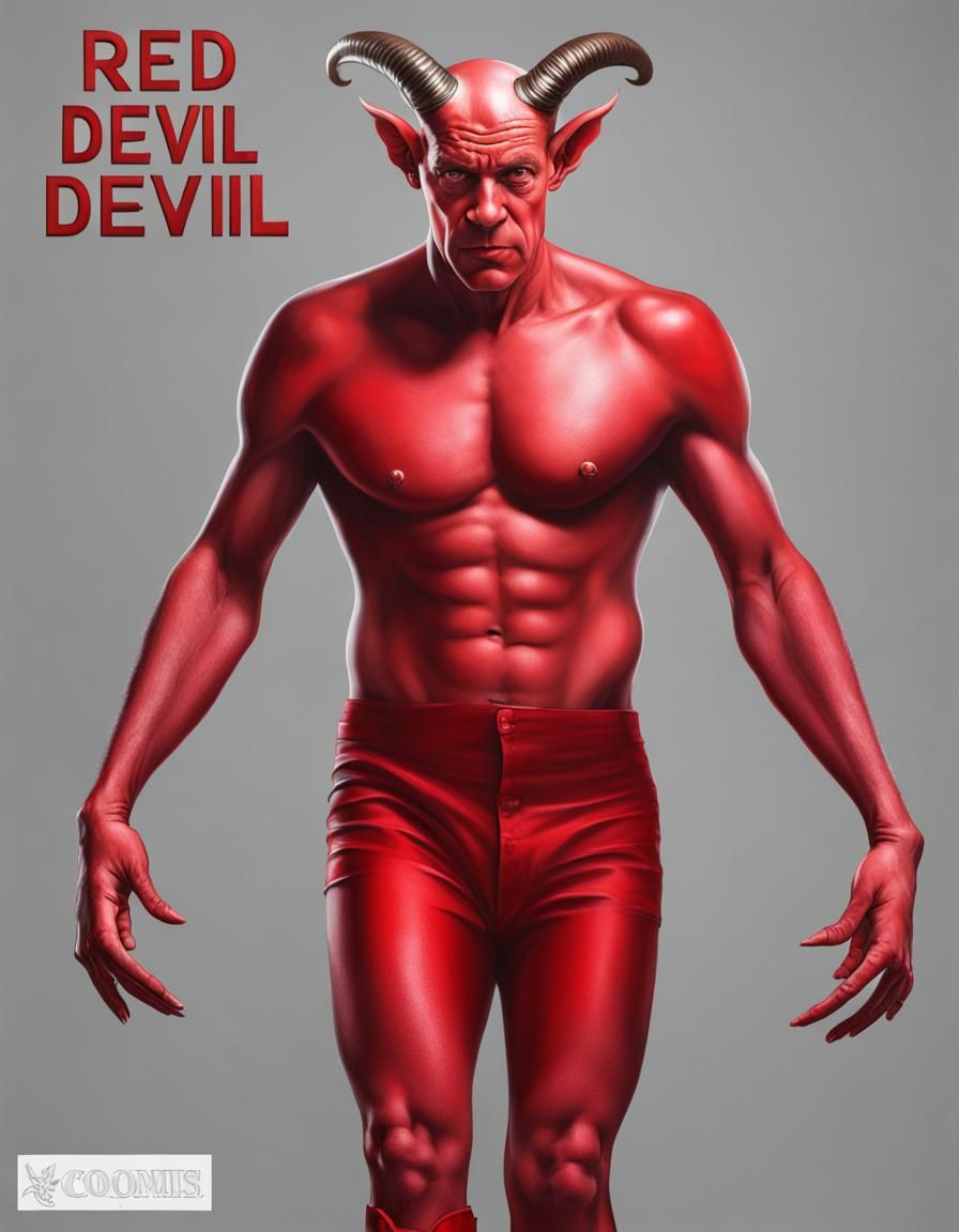 Red devil, photorealistic, whole body, money on hands, bald,...