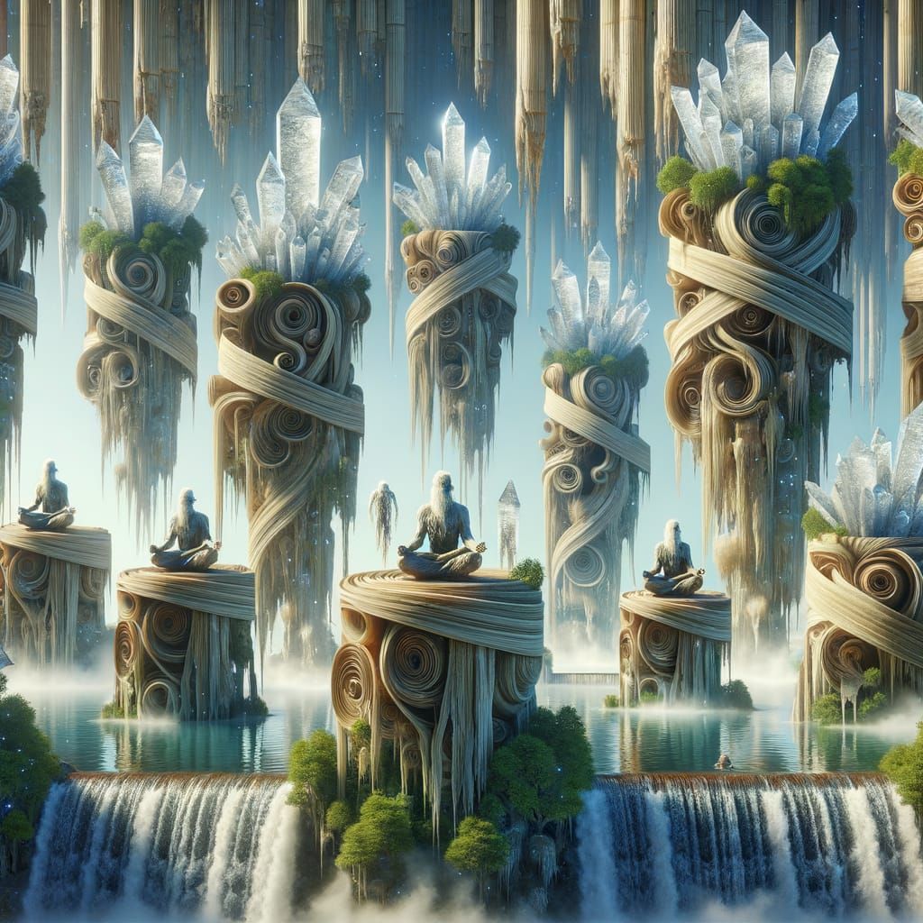 Time melts across cascading bamboo waterfalls.
Crystals form inside vaporous forest scrolls.
Sages meditate atop translucent ink pillars.