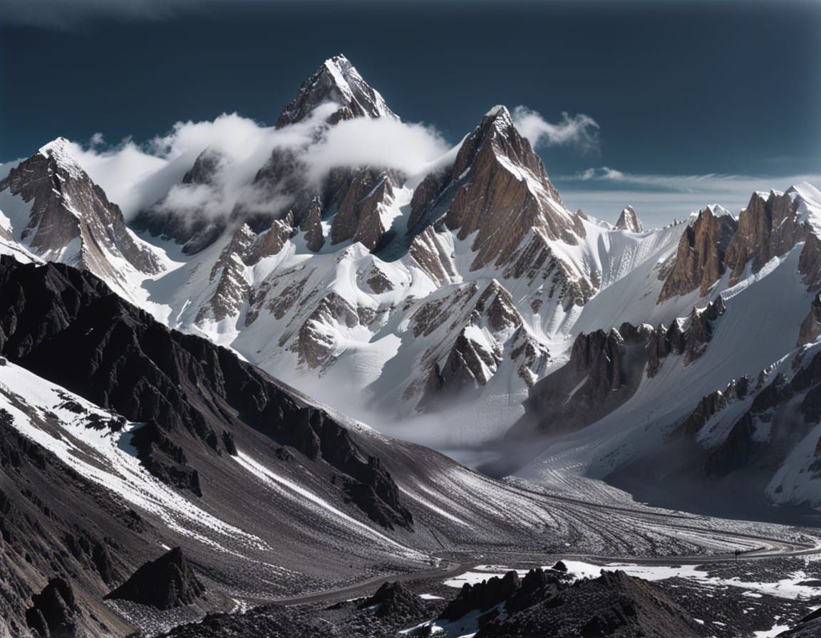 {mountain peaks} Cinematic film still, shot on v-raptor XL, film grain, vignette, color graded, post-processed, ...  by @Jo