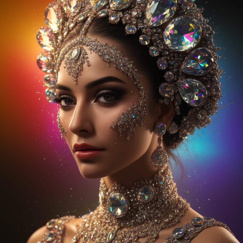 woman wearing ornaments studded with huge gemstone, shining brightly, closeup, scattering light, intricate ...  by @Solace