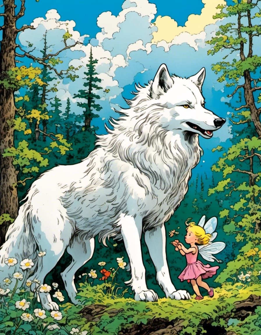  white wolf and tiny fairy