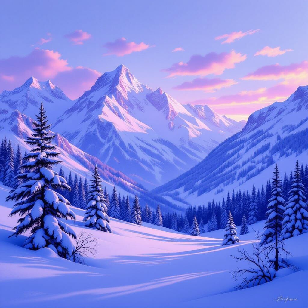 Magical Snowy Mountain Landscape at Twilight