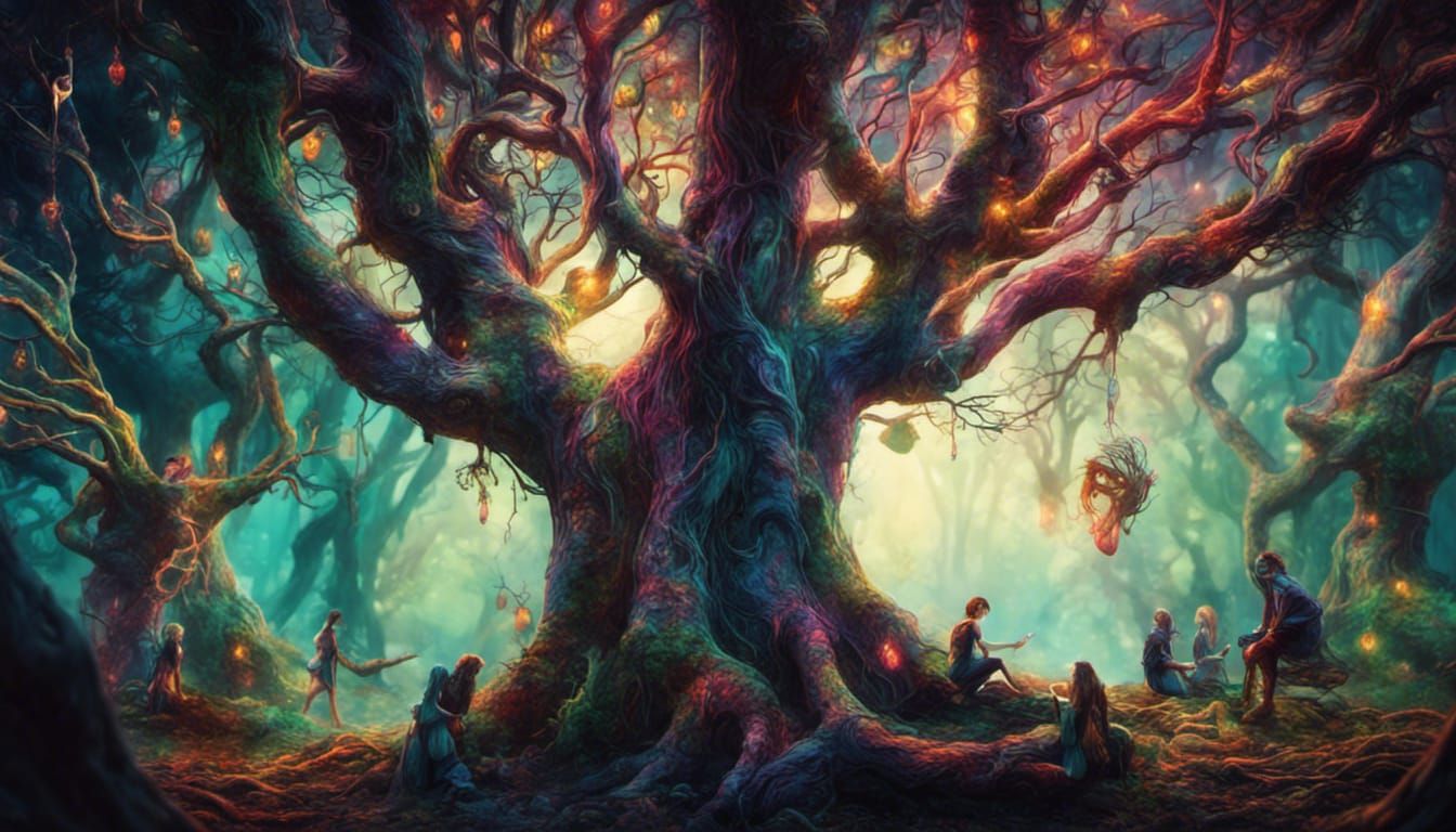 playful psychedelic wood elves sitting on tree branches in p...