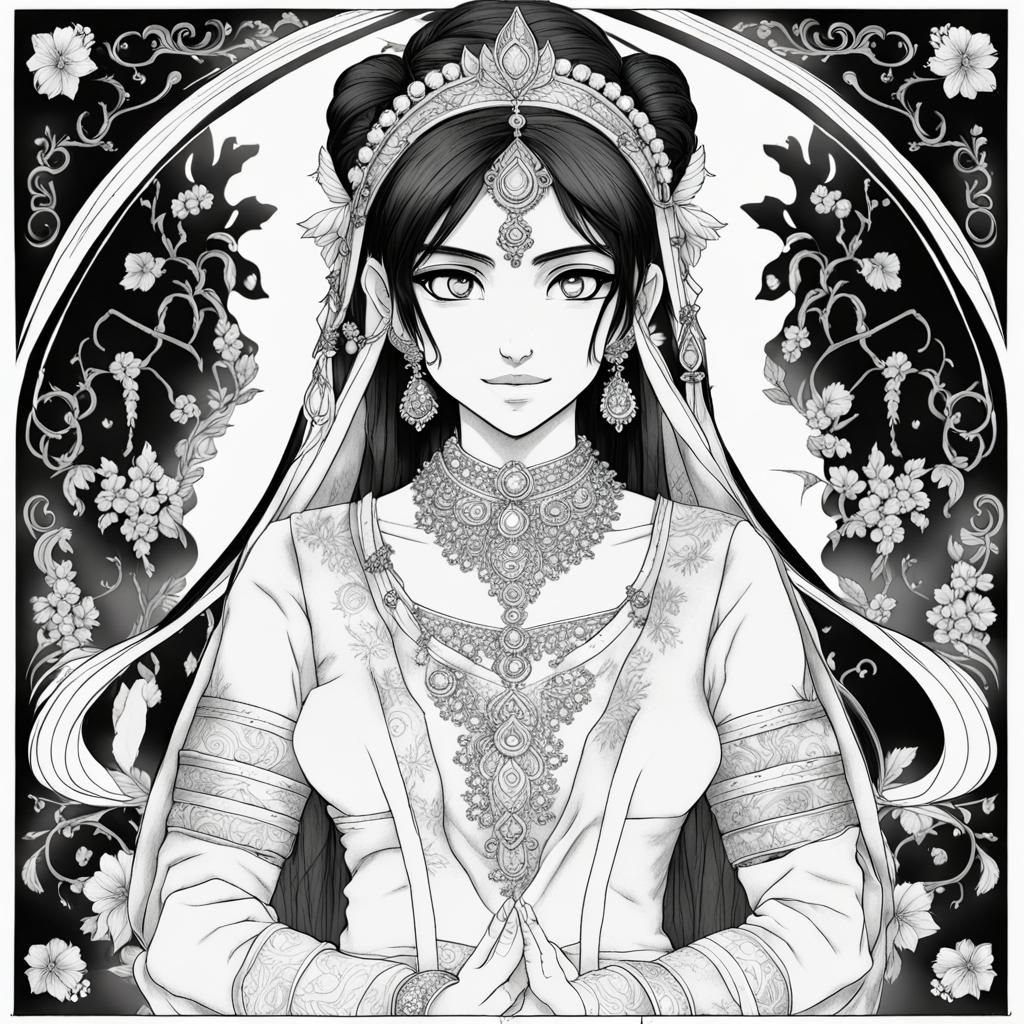Indian princess coloring page, black and white, filigree
