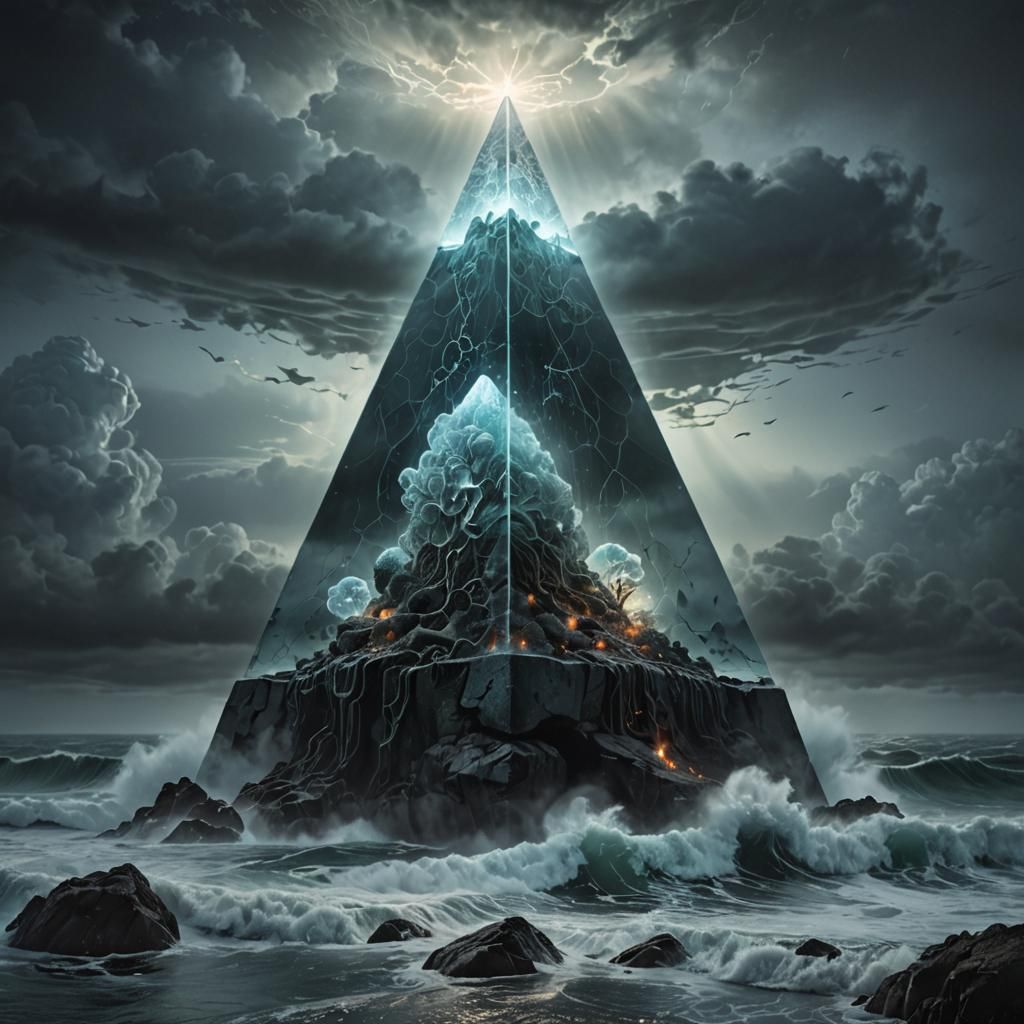 A majestic glass "A" shape levitating in a shrouded atmosphe...