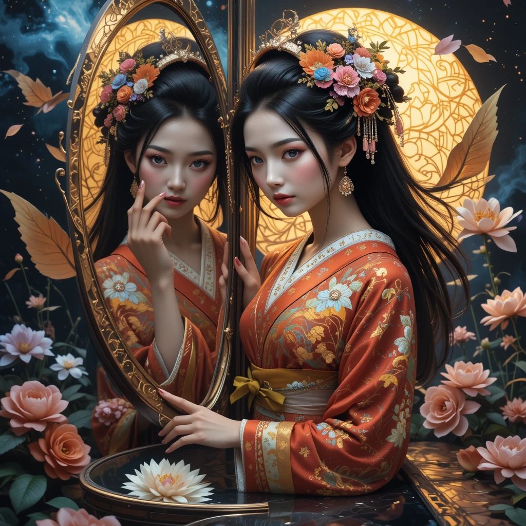 Geisha looking into the mirror