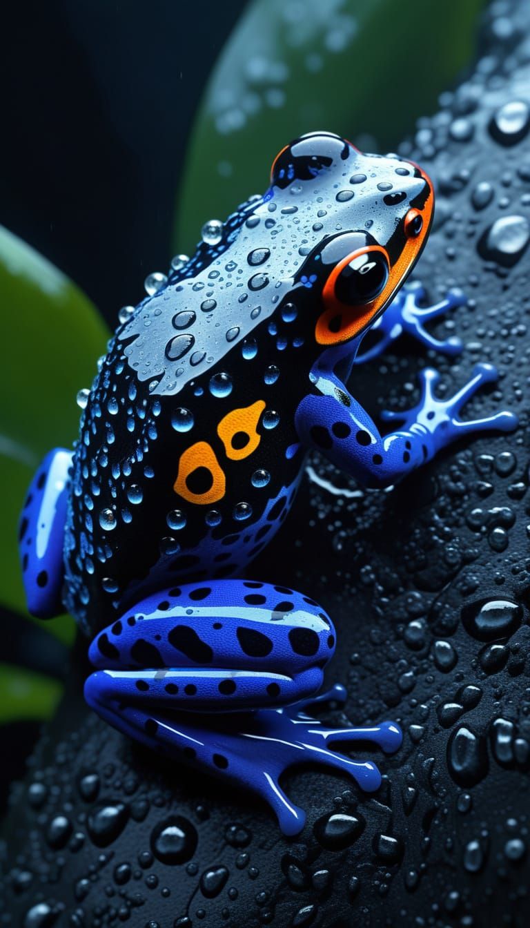 Vibrant poison dart frog skin, slimy wet texture, glossy with viscous moisture and dewdrops, hyperdetailed ...  by @X-Digi