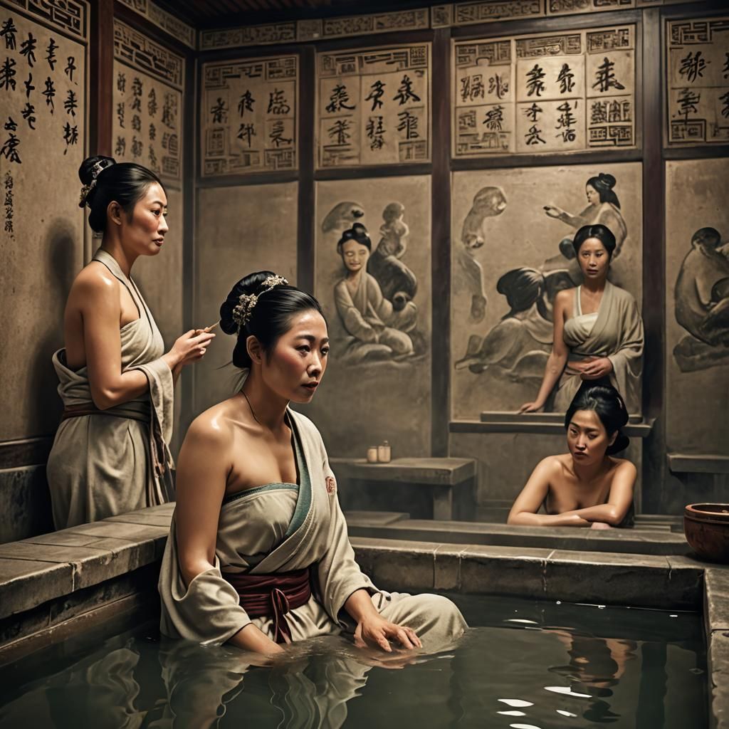 Bathing women in a Chinese bathhouse, classic look, 500 BC