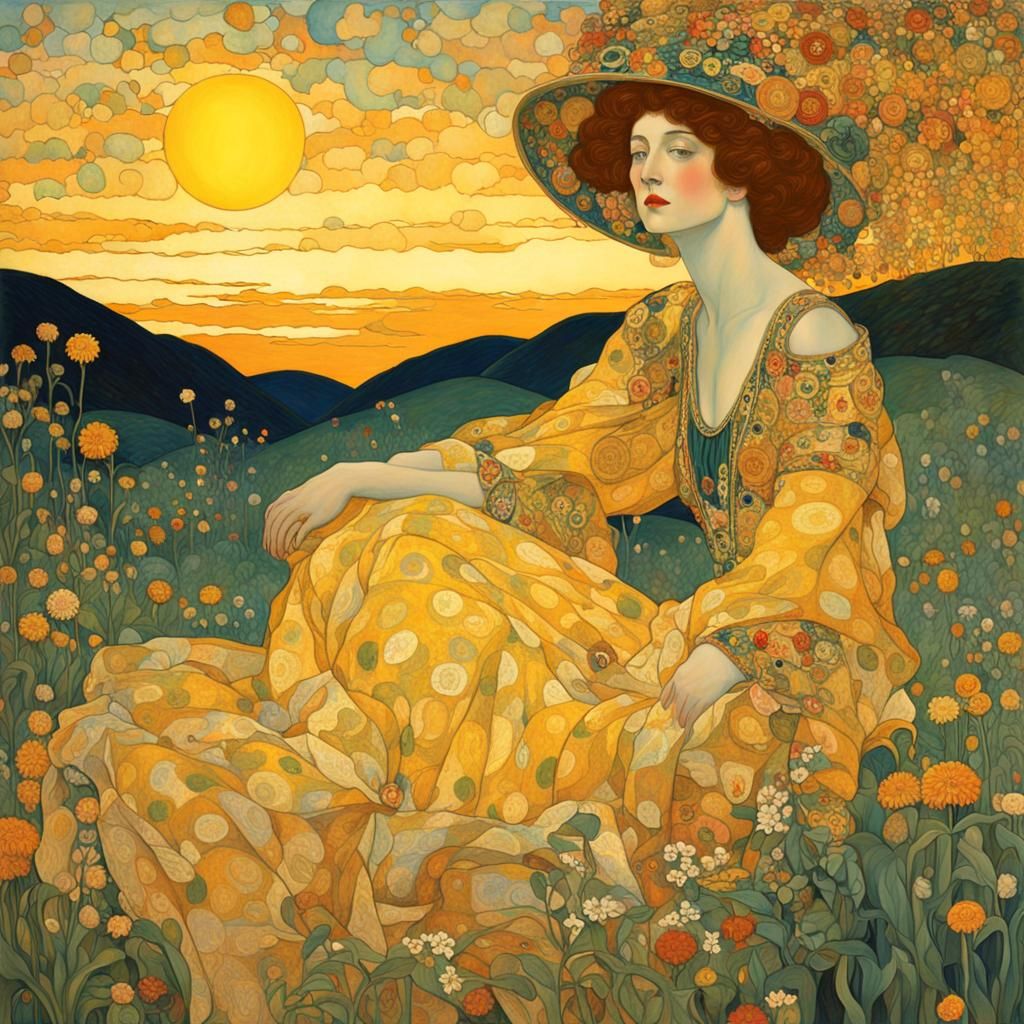 ""Tableau art nouveau Illustration d'une femme, avec des vêtements foncés, au coucher du soleil du paysage ...  by @CB