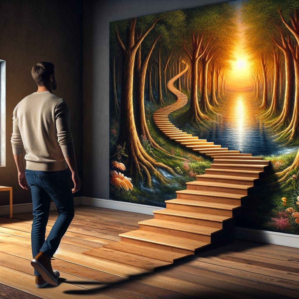 Man stepping into a picture on the wall. Steps are continuous in and out of the picture and into a beautiful picture 
