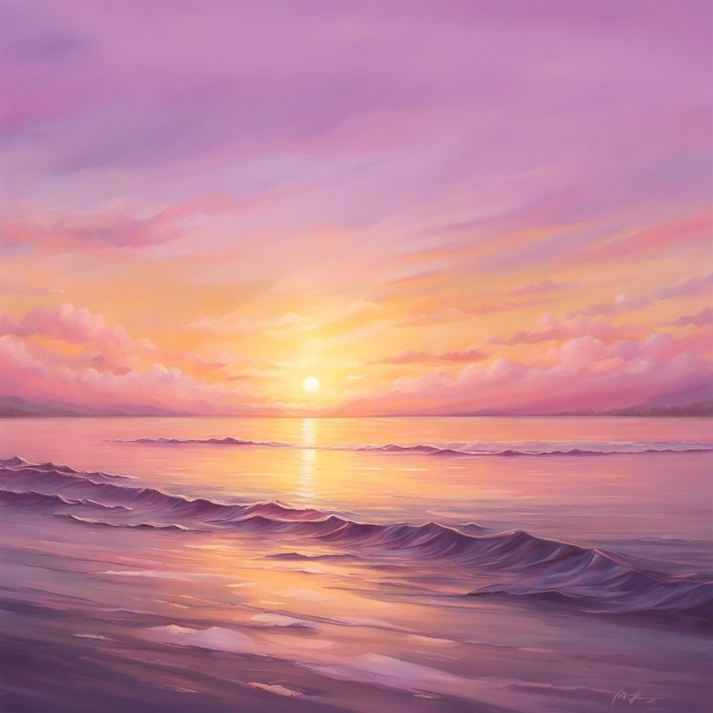 depicting a serene sunset scene with soft, muted yellows blending into ...