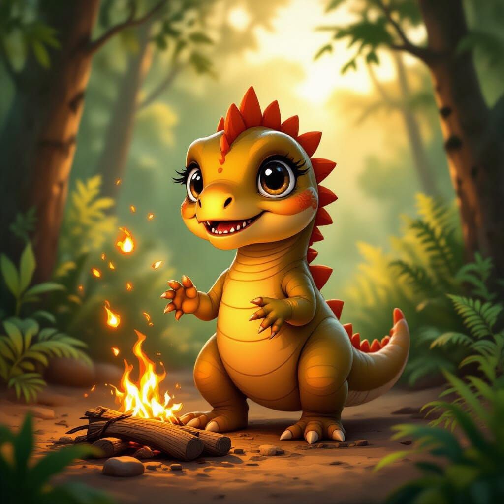Playful Baby Dinosaur Juggling Embers in Prehistoric Forest