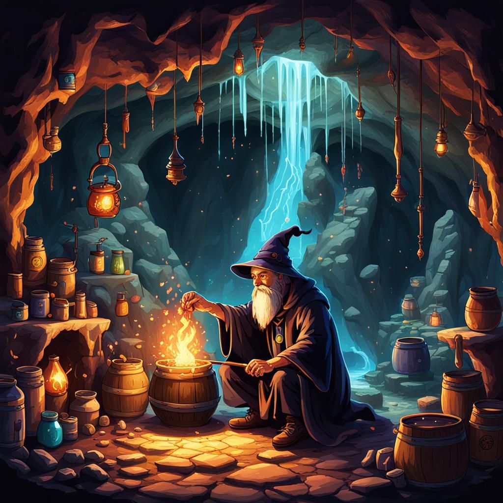 alchemist brewing a spell in a secret cave