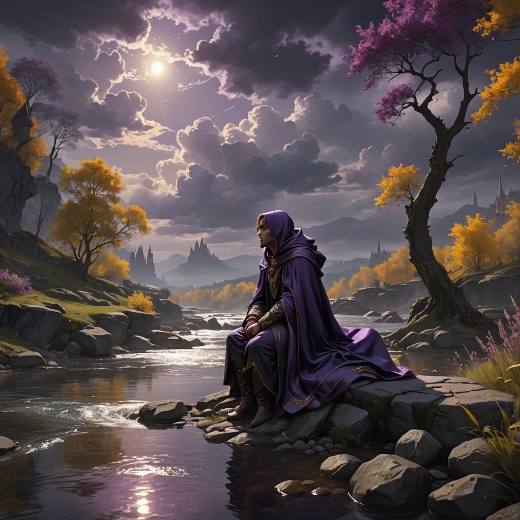 sitting by a river, wrapped in a cloak, watching the clouds ...