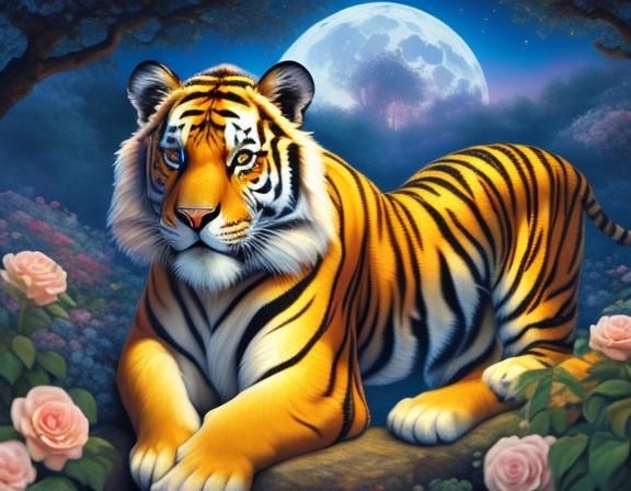 Stunning Siberian Tiger between ornate Greek columns in a rose garden under the full moon <lora:Moonlight Garden:1.0> 