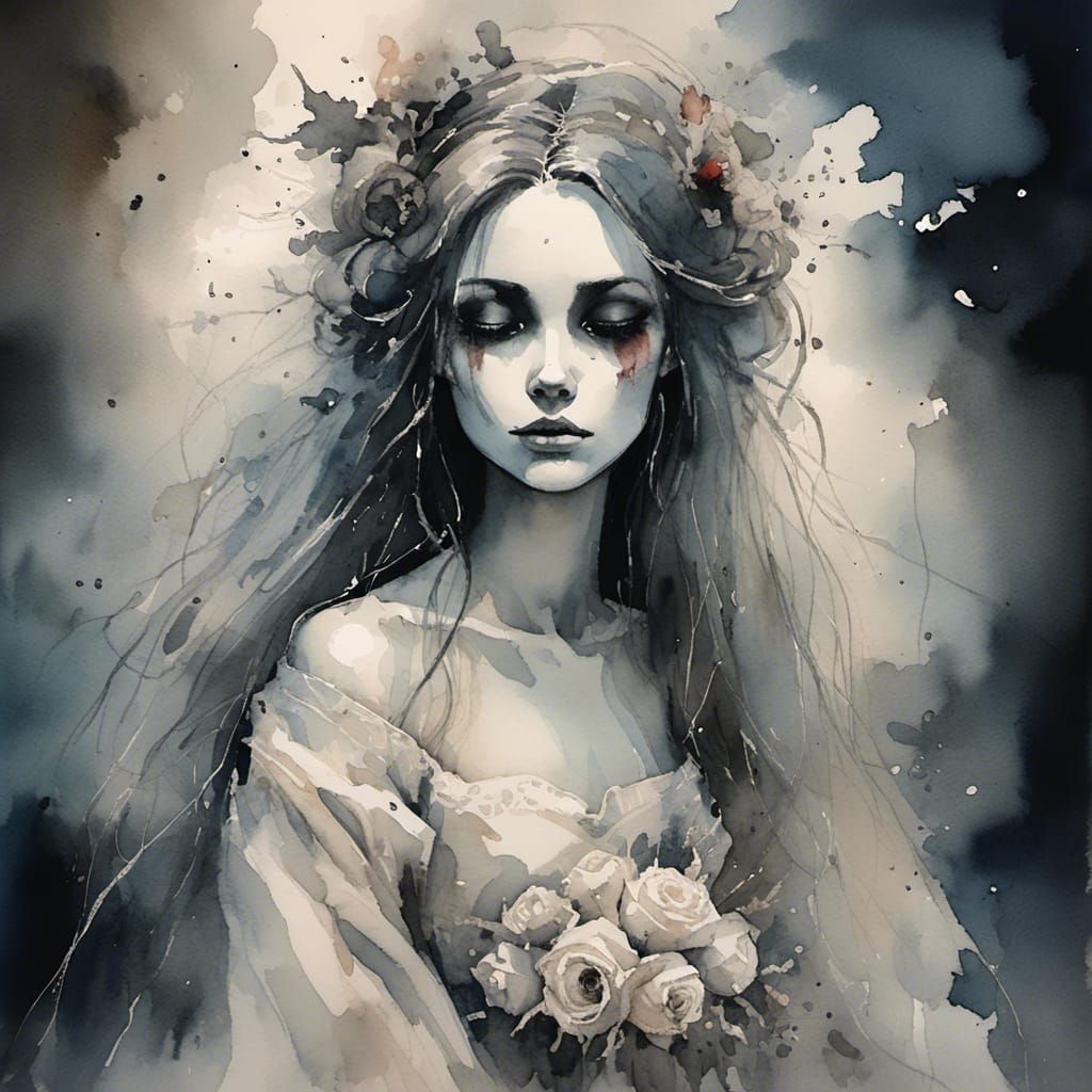 Beautiful ghost bride. <lora:Water-ink-cil:0.5>