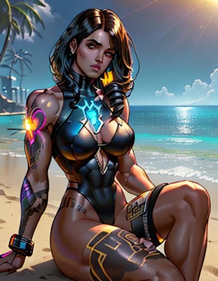 Beautiful bodybuilder woman, with elaborate tatoos and goldb...