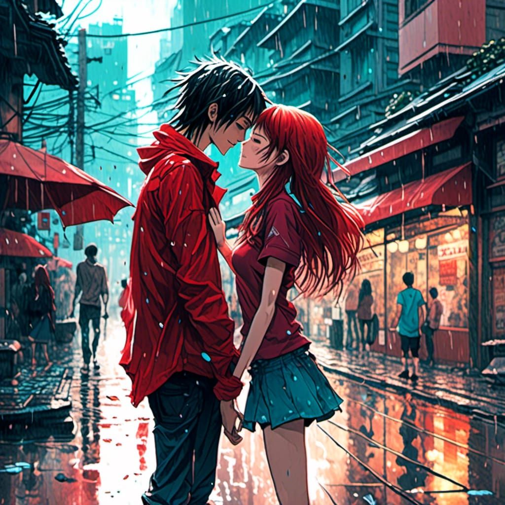 <lora:ani:1.0> anime couple kissing in the rain in a city st...