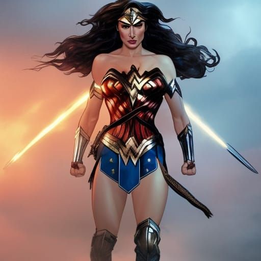 Wonder woman posing on a battlefield