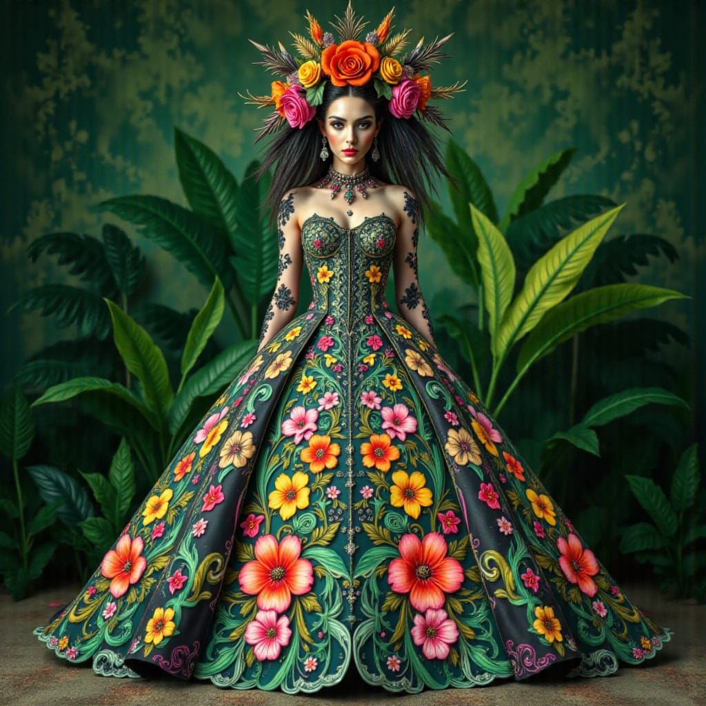 <lora:Goth-punk:1.0> fashion photography, couture tropicalpunk ballgown, intricate, detailed