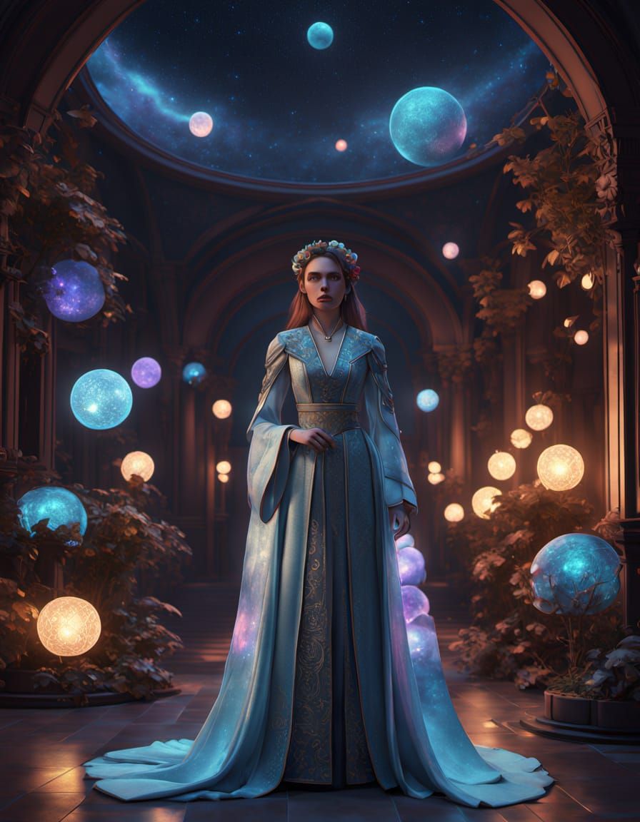 Envision an ethereal seamstress weaving gowns from starlight in a hidden atelier nestled among the clouds. The atelier is adorned with celes...