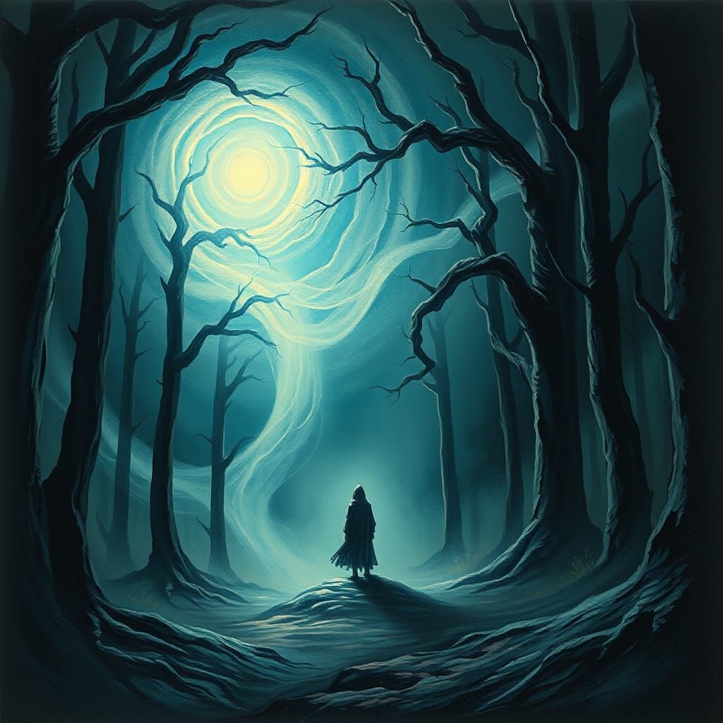 Ethereal Figure Capturing Void in Mystical Forest