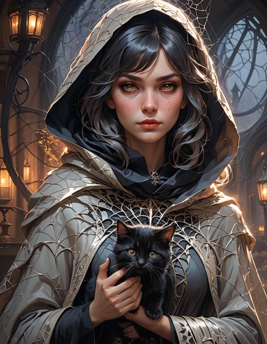 Beautiful witch, wearing a spiderweb cloak, holding a fluffy...