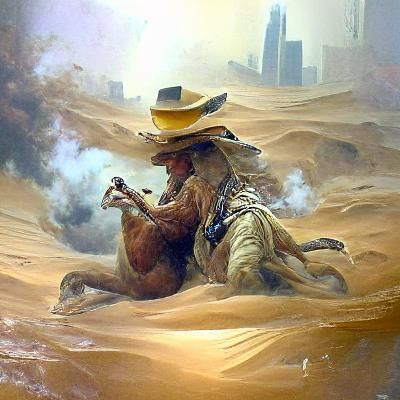 Western cowboy gunslinger in a sandstorm riding a camel