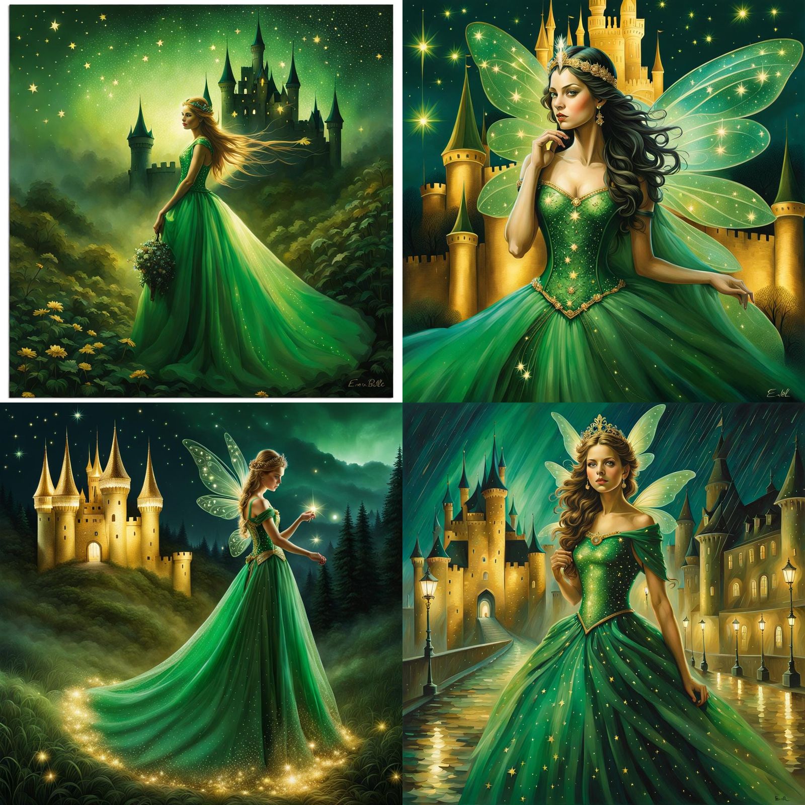 A fairy, a beautiful fairy dressed in a green dress, a castle, night ...