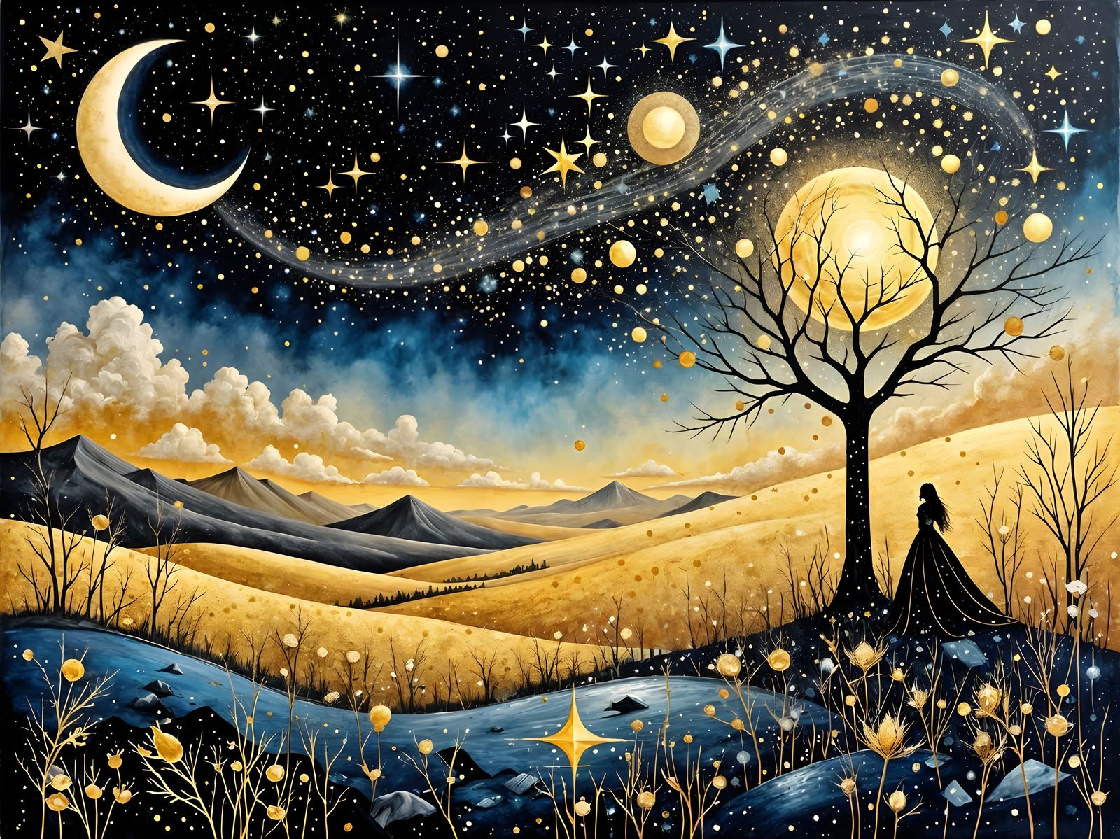 Burnished gold, ink, watercolour, matte black canvas backdrop.  by @The Artlete 