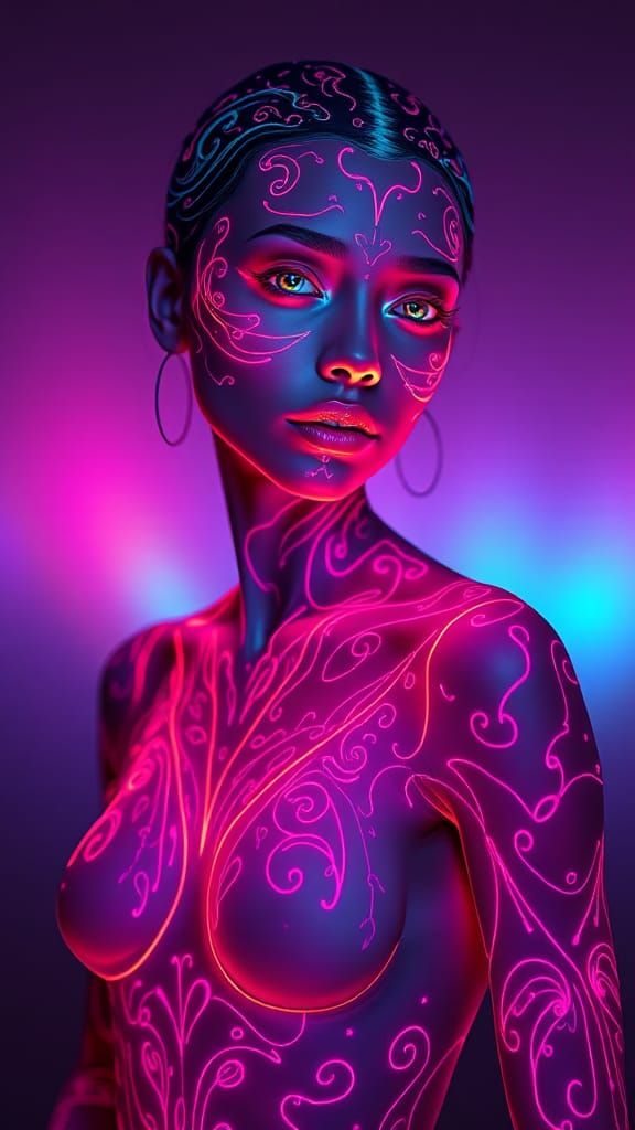 Fluorescent Woman with Bioluminescent Markings in Neon Style