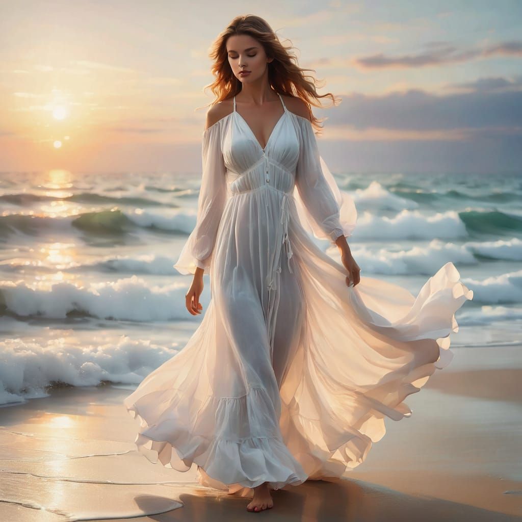 a beautiful woman wearing a ankle length flowing white dress...