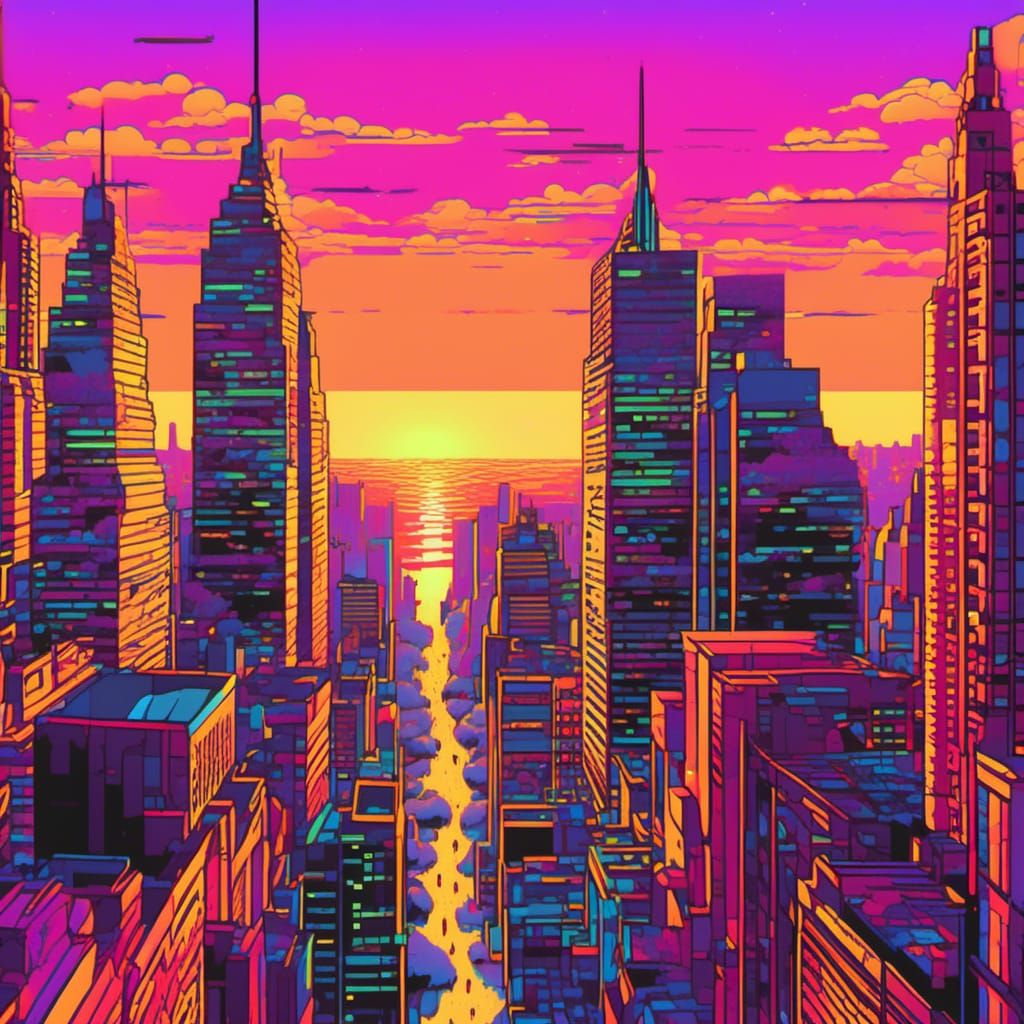 highly detailed INTRICATE new york skyline sunset above 80s retro arcade grid landscape scenery<lora:80s RetroWave:1.0> hyperdetailed intric...