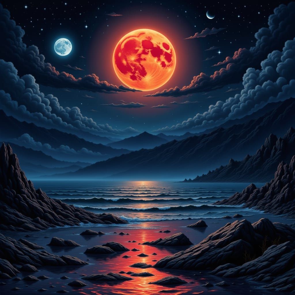 <lora:Moondance:1.0> <lora:MOON FLUX:1.0> <lora:Moony:1.0> <lora:nocturnal seascapes:1.0> "blood moon over seascape "/(red blood moon)