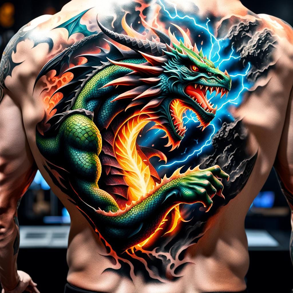 3D tattoo on wrestlers back of dragon ripping through back breathing ...