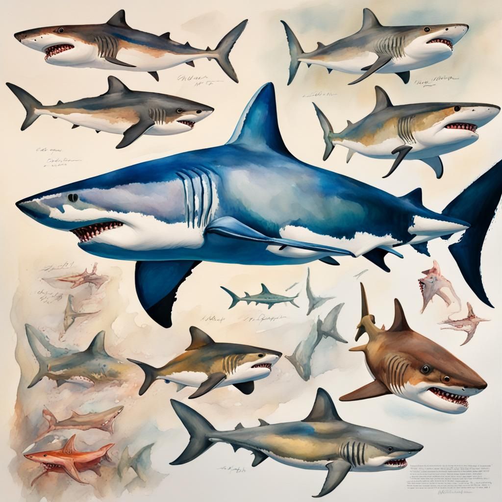 Detailed portrayals of shark anatomy, emphasizing their unique features and distinct characteristics ...  by @LoHdessin