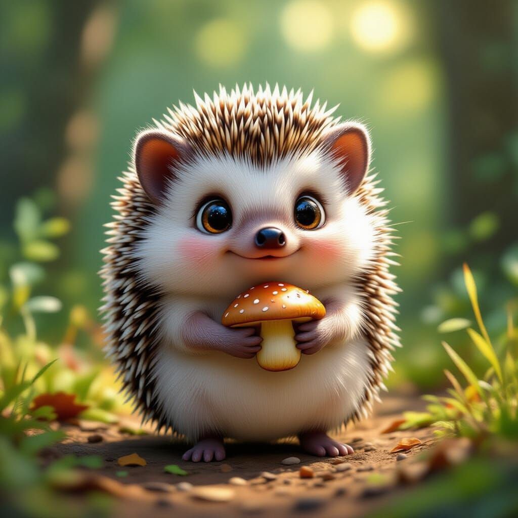 Chubby Hedgehog with Mushroom, Pixar-Inspired Digital Art