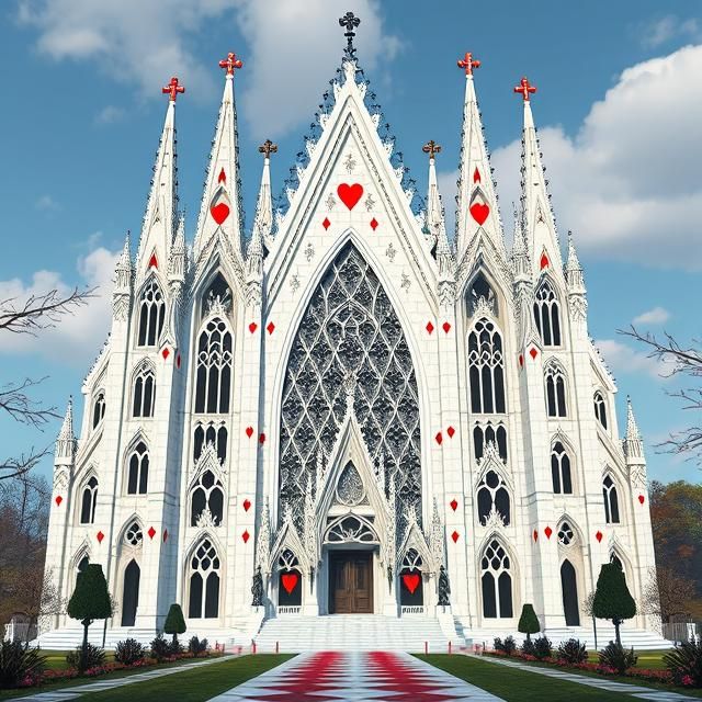 A GOTHIC CATHEDRAL CONSTRUCTED FROM CARD SUITS AND PATTERNS.
