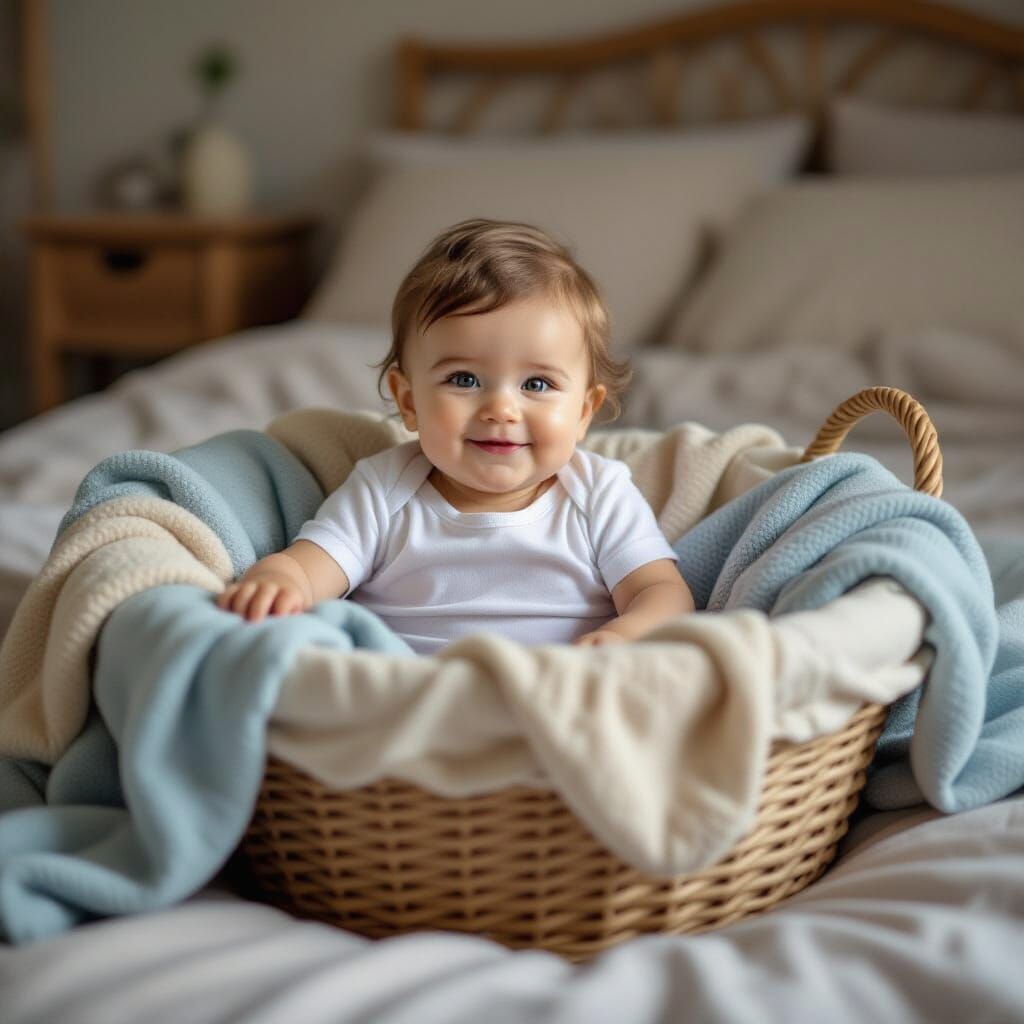 Baby Sitting in Laundry Basket Surrounded by Clothes