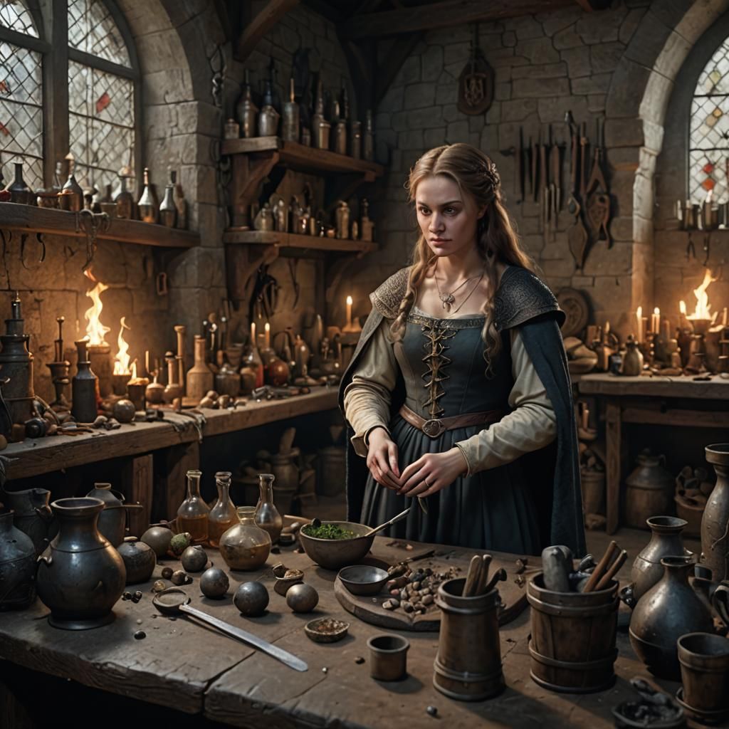 A captivating scene of a Medieval Lair/lab int photorealisti...