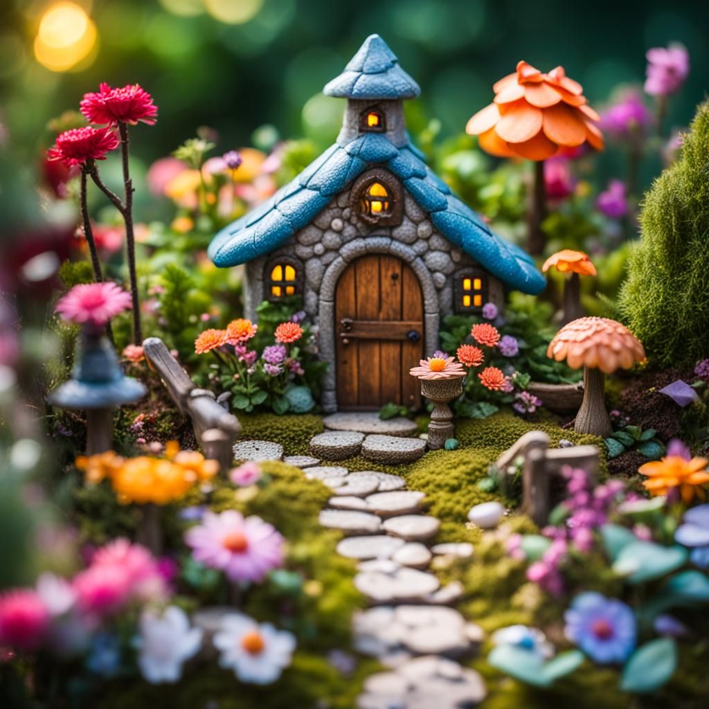 Mystical Fairy garden with lots of flowers and decorations