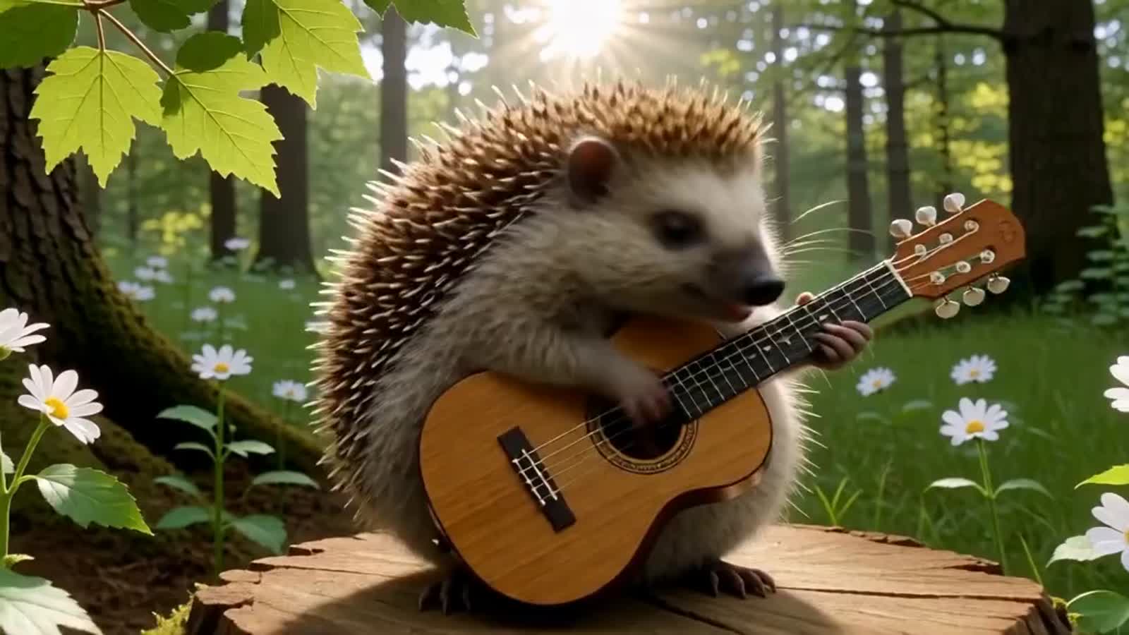 A hedgehog playing guitar and singing a folk song