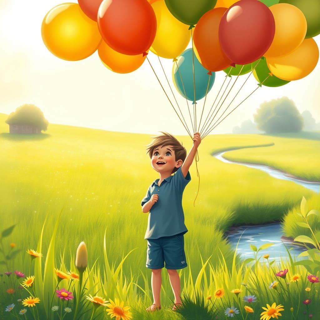Boy with Balloons in a Whimsical Field