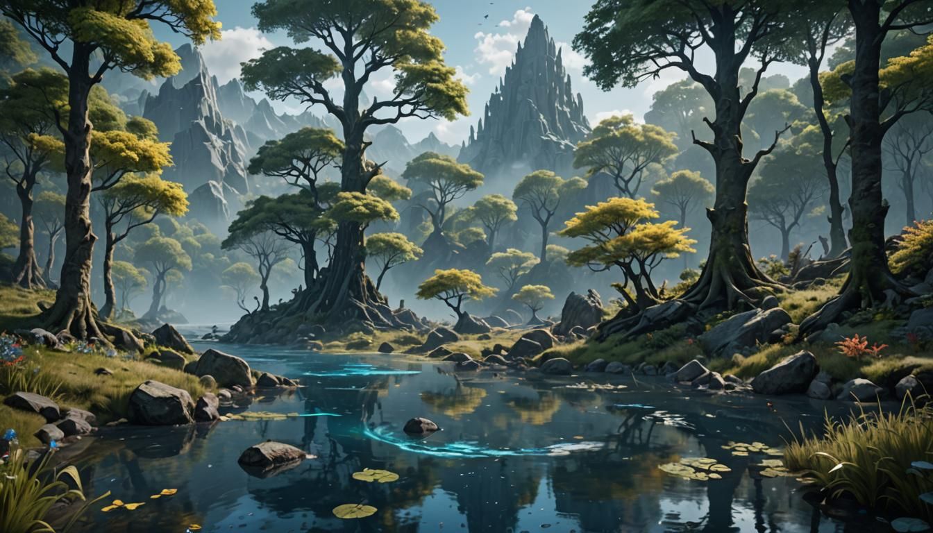 There is beautiful nature.  Water, tranquility, forest, gray...