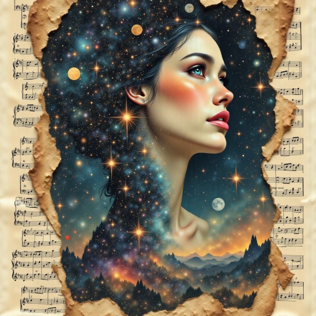<lora:MusicPaperPortraits:1.0> musical score script music portrait mixed media intricate paper borders galactic star dust musical score pape...