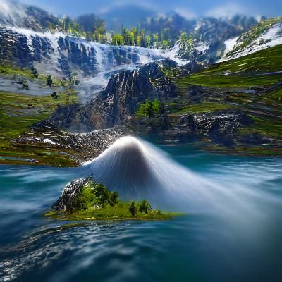 a beautiful mountain with several waterfalls pouring into a ...