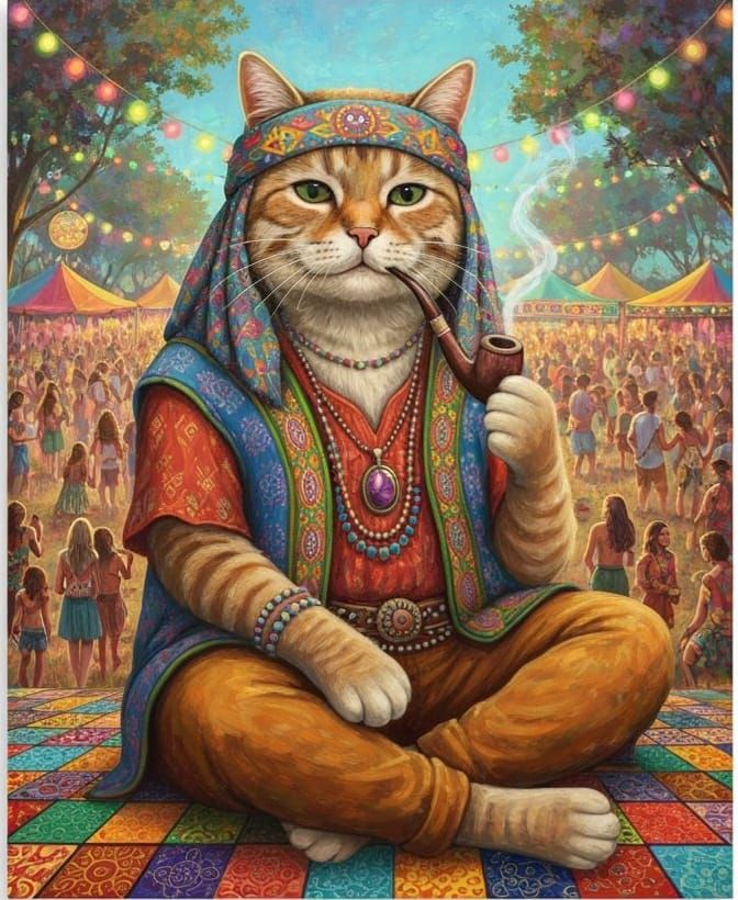 Old Hippy anthropromorthoc cat smoking from a pipe, sitting on the grass during a festival, acrylic art ...  by @AutumnBear