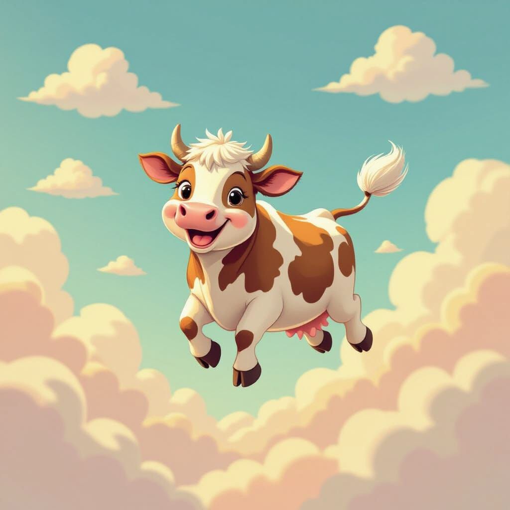 A cow flies through the sky. She smiles. She is happy with her flight.