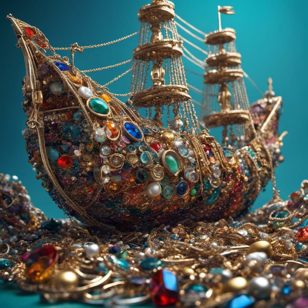 Model of a ship made of Old broken jewelry   by @Tiny Pearl Cat